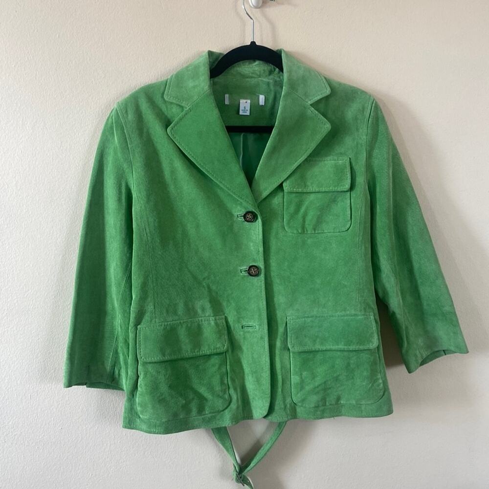 Vintage Sienna Studio Bright Green Suede Button Up Jacket Short Small 90's Y2K